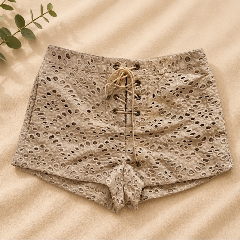 Kittenish Beige Eyelet Lace-Up Shorts XS Boho Festival Style